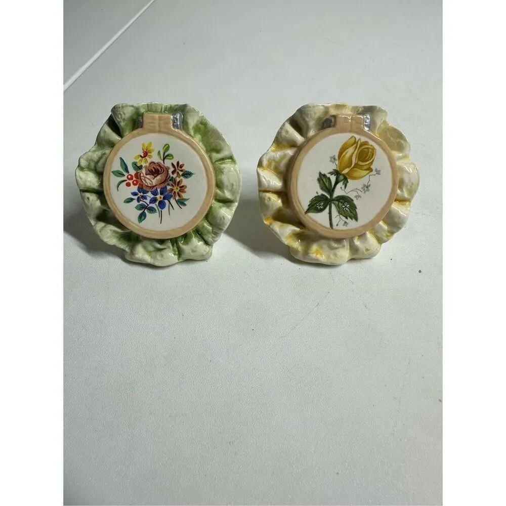 Vintage 1983 Newell Pottery Lot of 2 Decorative Ceramic Stands Floral Design